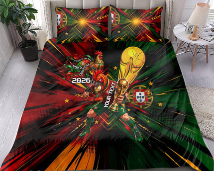 Personalized Portugal Football Champions 2026 Bedding Set Rooster Mascot Comic Trophy Soccer Ball