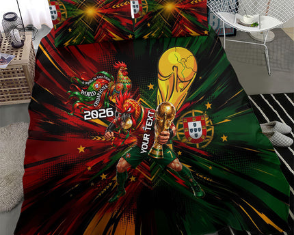 Personalized Portugal Football Champions 2026 Bedding Set Rooster Mascot Comic Trophy Soccer Ball