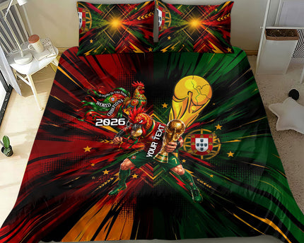 Personalized Portugal Football Champions 2026 Bedding Set Rooster Mascot Comic Trophy Soccer Ball