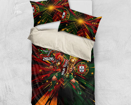 Personalized Portugal Football Champions 2026 Bedding Set Rooster Mascot Comic Trophy Soccer Ball