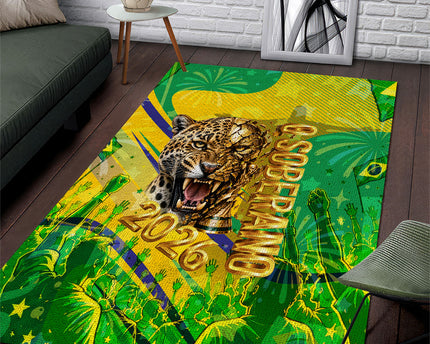 Brazil Football Champions 2026 Area Rug Sovereign Jaguar Golden Trophy 3D Graphic Design