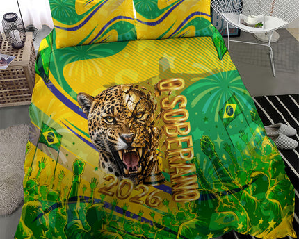 Brazil Football Champions 2026 Bedding Set Sovereign Jaguar Golden Trophy 3D Graphic Design
