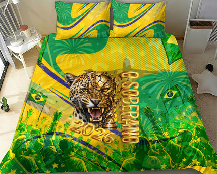 Brazil Football Champions 2026 Bedding Set Sovereign Jaguar Golden Trophy 3D Graphic Design