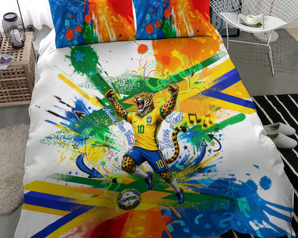 Personalized Brazil 6 Time World Football Champion 2026 Bedding Set Hexa Brasil Jaguar Mascot - Graffiti Splash Art