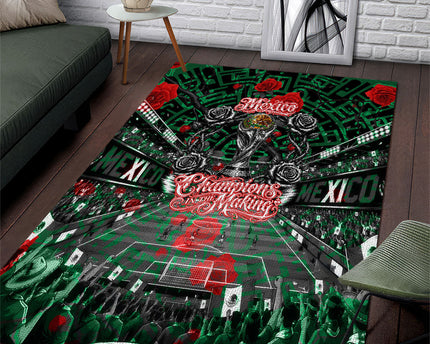 Mexico Football Golden Eagle Champions Area Rug Aztec Geometric Pattern Red Rose
