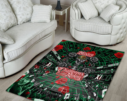 Mexico Football Golden Eagle Champions Area Rug Aztec Geometric Pattern Red Rose