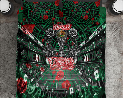Mexico Football Golden Eagle Champions Bedding Set Aztec Geometric Pattern Red Rose