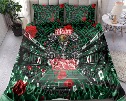 Mexico Football Golden Eagle Champions Bedding Set Aztec Geometric Pattern Red Rose