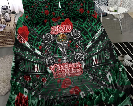 Mexico Football Golden Eagle Champions Bedding Set Aztec Geometric Pattern Red Rose