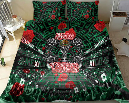 Mexico Football Golden Eagle Champions Bedding Set Aztec Geometric Pattern Red Rose