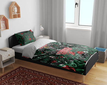 Mexico Football Golden Eagle Champions Bedding Set Aztec Geometric Pattern Red Rose