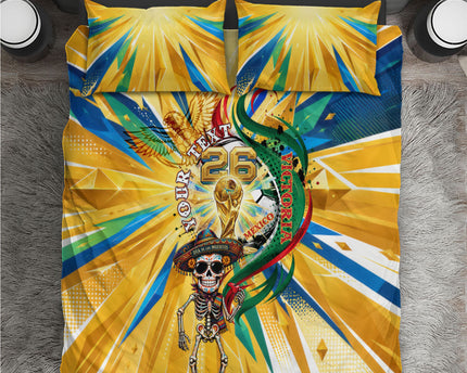 Personalized Mexico Football Victoria Sugar Skull Bedding Set Dia De Los Muertos Cultural Art Sunburst
