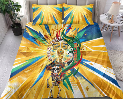 Personalized Mexico Football Victoria Sugar Skull Bedding Set Dia De Los Muertos Cultural Art Sunburst