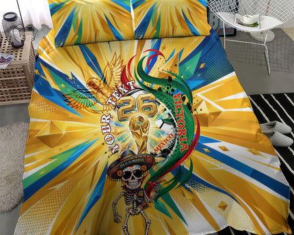 Personalized Mexico Football Victoria Sugar Skull Bedding Set Dia De Los Muertos Cultural Art Sunburst