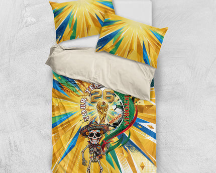 Personalized Mexico Football Victoria Sugar Skull Bedding Set Dia De Los Muertos Cultural Art Sunburst