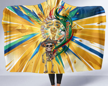 Personalized Mexico Football Victoria Sugar Skull Hooded Blanket Dia De Los Muertos Cultural Art Sunburst