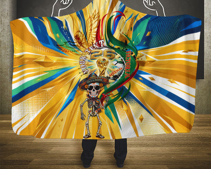 Personalized Mexico Football Victoria Sugar Skull Hooded Blanket Dia De Los Muertos Cultural Art Sunburst
