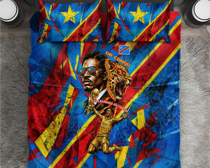DR Congo Patrice Lumumba Football Victory Bedding Set African Pride Leopard And Flag