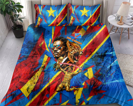 DR Congo Patrice Lumumba Football Victory Bedding Set African Pride Leopard And Flag
