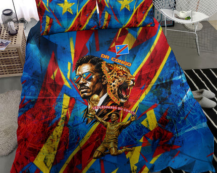 DR Congo Patrice Lumumba Football Victory Bedding Set African Pride Leopard And Flag