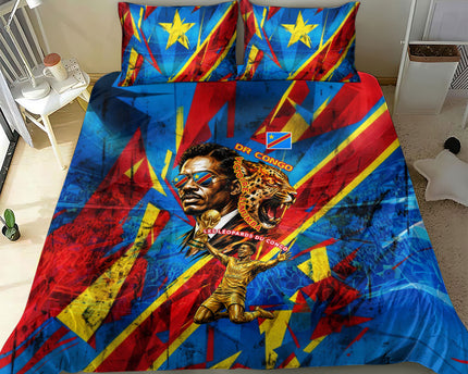 DR Congo Patrice Lumumba Football Victory Bedding Set African Pride Leopard And Flag