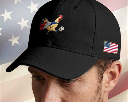 Funny France Soccer Baseball Cap Rooster Wearing French Flag Patriotic Football Fan Graphic