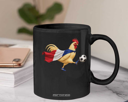 Funny France Soccer Coffee Mug Rooster Wearing French Flag Patriotic Football Fan Graphic