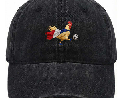 Funny France Soccer Washed Cotton Baseball Cap Rooster Wearing French