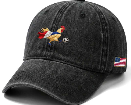 Funny France Soccer Washed Cotton Baseball Cap Rooster Wearing French