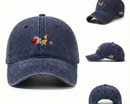 Funny France Soccer Washed Cotton Baseball Cap Rooster Wearing French