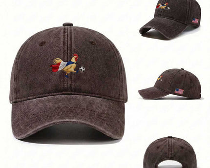 Funny France Soccer Washed Cotton Baseball Cap Rooster Wearing French