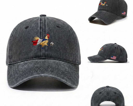 Funny France Soccer Washed Cotton Baseball Cap Rooster Wearing French