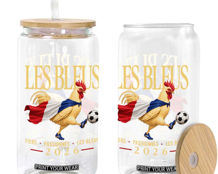 Les Bleus 2026 France Soccer Glass Can Rooster Wearing French Flag