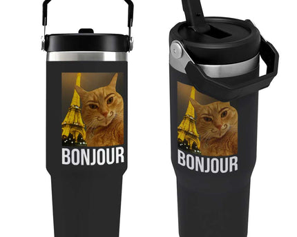 Funny Cat Bonjour Flip Straw Tumbler Paris France Eiffel Tower Orange Cat Meme