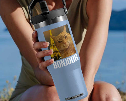 Funny Cat Bonjour Flip Straw Tumbler Paris France Eiffel Tower Orange Cat Meme