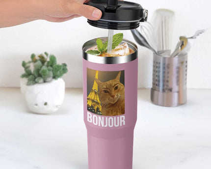 Funny Cat Bonjour Flip Straw Tumbler Paris France Eiffel Tower Orange Cat Meme