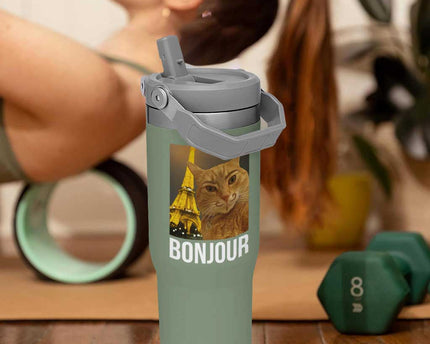 Funny Cat Bonjour Flip Straw Tumbler Paris France Eiffel Tower Orange Cat Meme