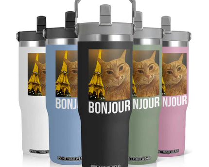 Funny Cat Bonjour Flip Straw Tumbler Paris France Eiffel Tower Orange Cat Meme