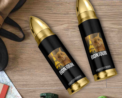 Funny Cat Bonjour Bullet Tumbler Paris France Eiffel Tower Orange Cat Meme