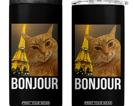 Funny Cat Bonjour 4 in 1 Can Cooler Tumbler Paris France Eiffel Tower Orange Cat Meme