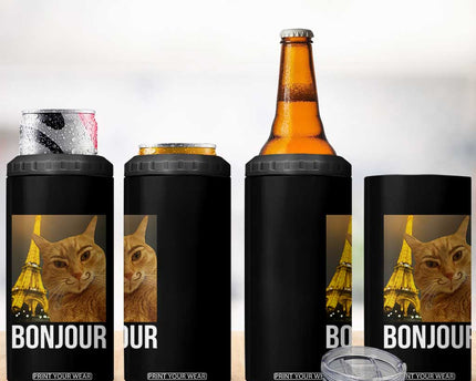 Funny Cat Bonjour 4 in 1 Can Cooler Tumbler Paris France Eiffel Tower Orange Cat Meme