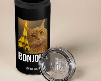 Funny Cat Bonjour 4 in 1 Can Cooler Tumbler Paris France Eiffel Tower Orange Cat Meme