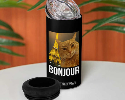 Funny Cat Bonjour 4 in 1 Can Cooler Tumbler Paris France Eiffel Tower Orange Cat Meme