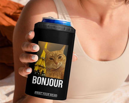 Funny Cat Bonjour 4 in 1 Can Cooler Tumbler Paris France Eiffel Tower Orange Cat Meme