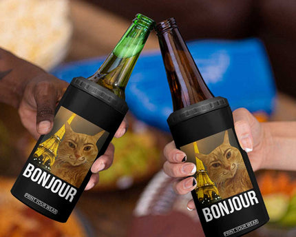 Funny Cat Bonjour 4 in 1 Can Cooler Tumbler Paris France Eiffel Tower Orange Cat Meme
