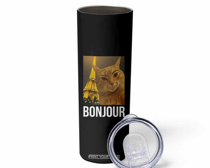 Funny Cat Bonjour Skinny Tumbler Paris France Eiffel Tower Orange Cat Meme