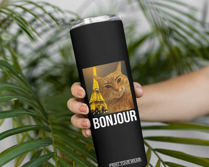 Funny Cat Bonjour Skinny Tumbler Paris France Eiffel Tower Orange Cat Meme