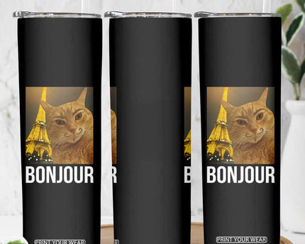 Funny Cat Bonjour Skinny Tumbler Paris France Eiffel Tower Orange Cat Meme