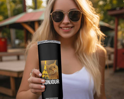 Funny Cat Bonjour Skinny Tumbler Paris France Eiffel Tower Orange Cat Meme