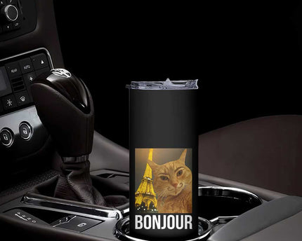 Funny Cat Bonjour Skinny Tumbler Paris France Eiffel Tower Orange Cat Meme